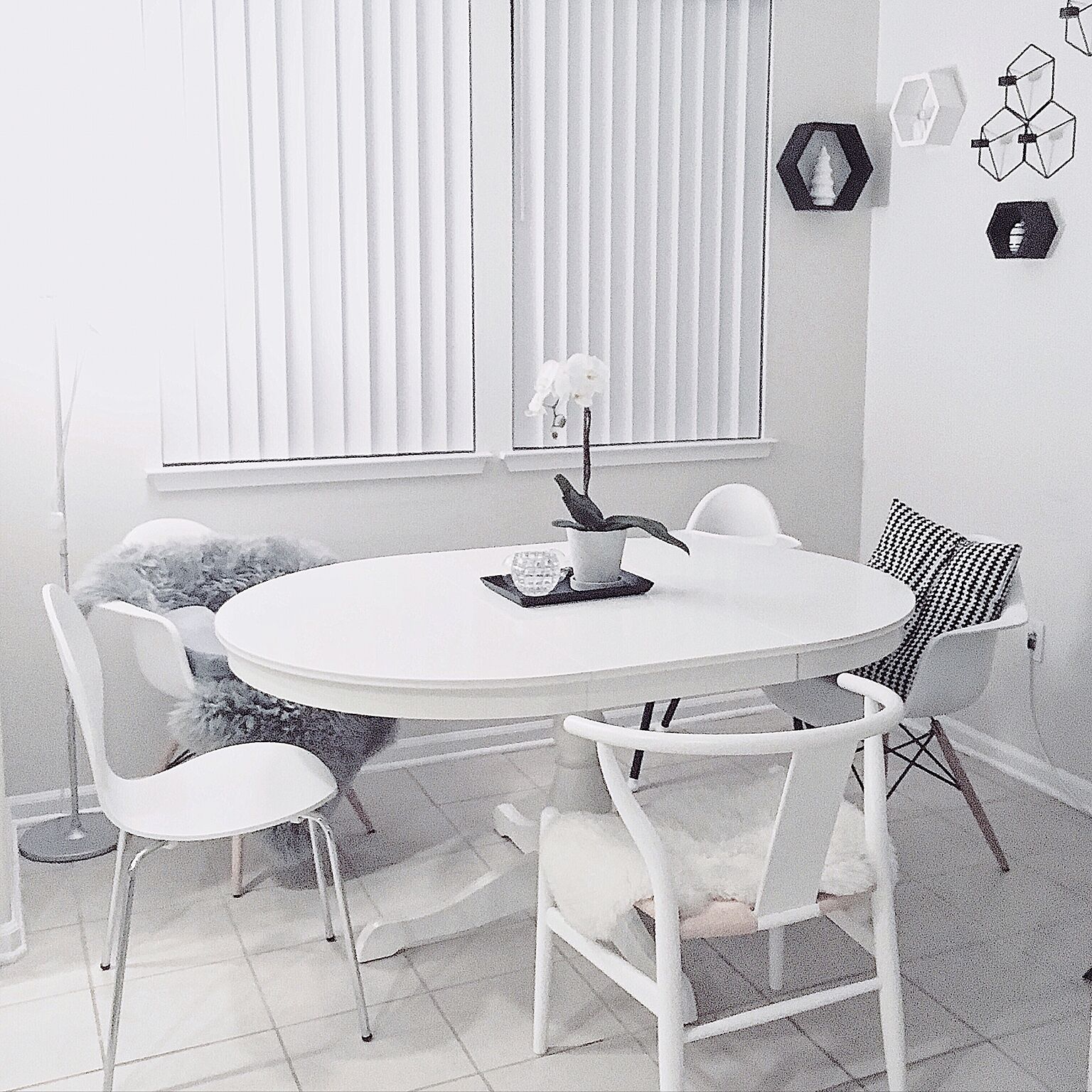 楕円の一本脚テーブルでお部屋を広く見せて柔らかさを強調。いろいろな形のチェアを合わせて楽しい雰囲気で。